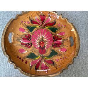 Vtg Hand Painted Floral Lacquered Wooden Serving Tray Bowl Dish Decorative